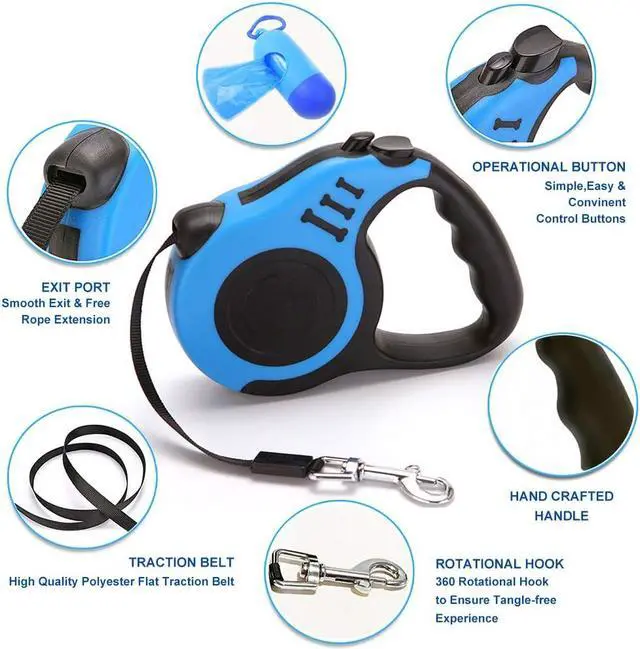 Alt view image 3 of 7 - Retractable Dog Leash for Medium - Small Dogs and Cats 16.5FT Tangle Free, Heavy Duty Walking Leashes with Anti Slip Handle, Pause and Lock Strong Nylon Tape, Store Dog Leash Retractable(Blue)
