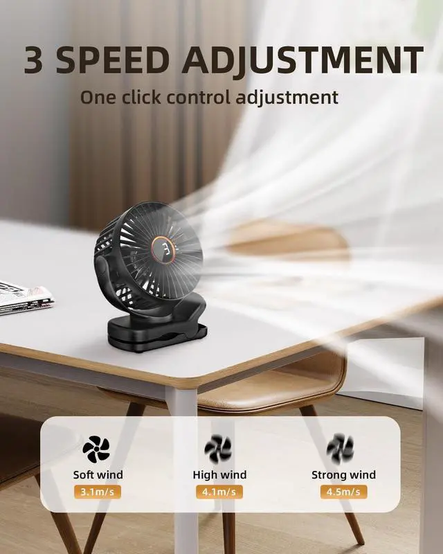 Alt view image 5 of 7 - TUNISE Mini Clip on Fan, Battery Operated Desk Fan, Digital display3 Speeds Adjustable, Bidirectional 360 ° Adjustable, Super Strong Wind, Portable Fan for Home Office Stroller Camping Black