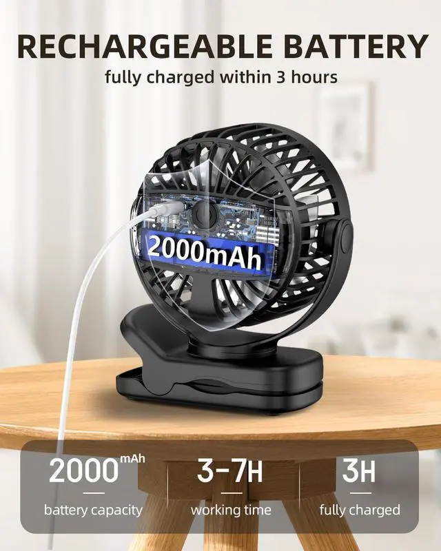 Alt view image 4 of 7 - TUNISE Mini Clip on Fan, Battery Operated Desk Fan, Digital display3 Speeds Adjustable, Bidirectional 360 ° Adjustable, Super Strong Wind, Portable Fan for Home Office Stroller Camping Black