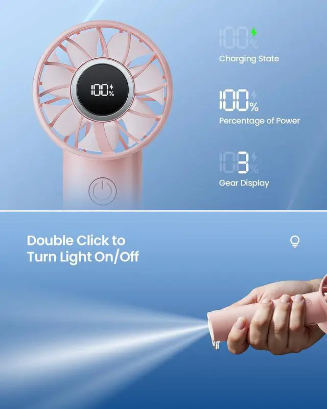 Alt view image 6 of 6 - Gaiatop Portable Mini Fan, 3 Speed USB Rechargeable Handheld Fan with Light | LED Display, Metal Buckle, Ultra Quiet, Lightweight, Personal Cooling for Women Men Indoor Outdoor Travel Pink