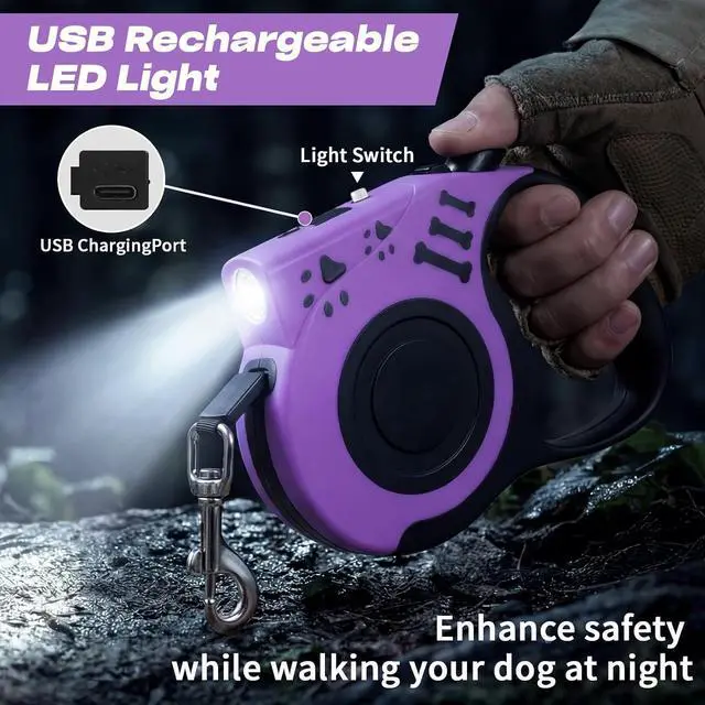 Alt view image 2 of 7 - Retractable Dog Leash with USB Rechargeable Flashlight, Purple | 16FT Automatic Telescopic Tractor Dog Leash, Durable ABS Case and Comfort Grip, Designed for Small Medium Dogs Up to 30lbs