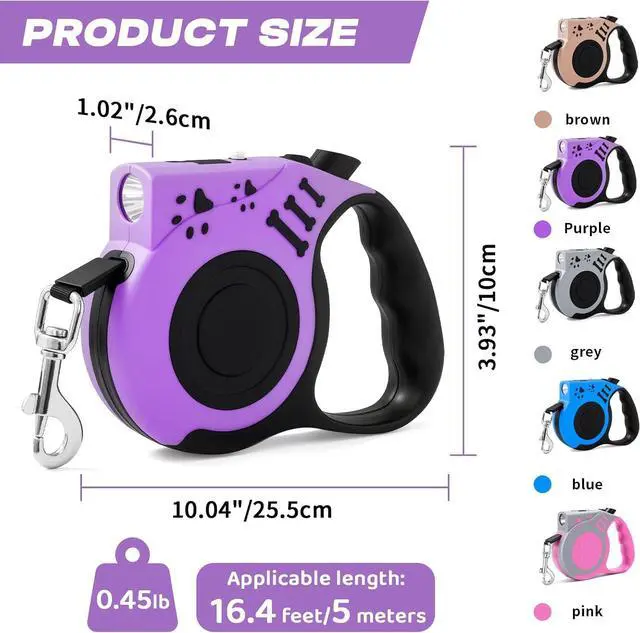 Alt view image 3 of 7 - Retractable Dog Leash with USB Rechargeable Flashlight, Purple | 16FT Automatic Telescopic Tractor Dog Leash, Durable ABS Case and Comfort Grip, Designed for Small Medium Dogs Up to 30lbs