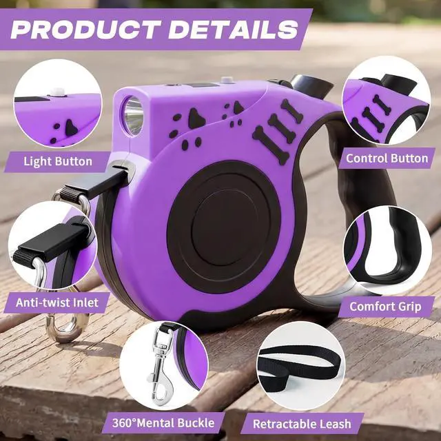 Alt view image 6 of 7 - Retractable Dog Leash with USB Rechargeable Flashlight, Purple | 16FT Automatic Telescopic Tractor Dog Leash, Durable ABS Case and Comfort Grip, Designed for Small Medium Dogs Up to 30lbs