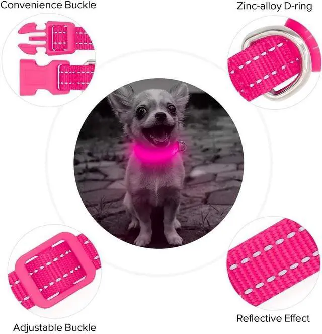Alt view image 2 of 7 - BSEEN Light Up Dog Collar for Puppies & Cats (Pink) | Reflective Glow in the Dark Rechargeable Adjustable Flashing Illuminous Safety Dog Lights for Night Walking