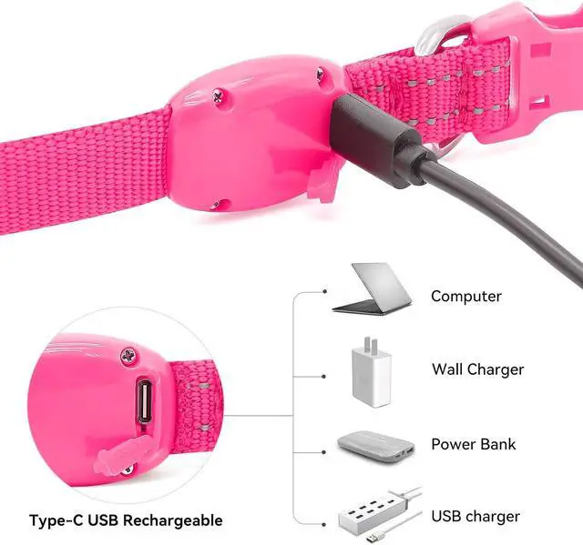 Alt view image 3 of 7 - BSEEN Light Up Dog Collar for Puppies & Cats (Pink) | Reflective Glow in the Dark Rechargeable Adjustable Flashing Illuminous Safety Dog Lights for Night Walking