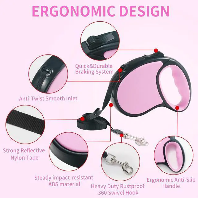 Alt view image 5 of 6 - Retractable Dog Leash 16Ft/5M for Small Medium Dogs, Pink