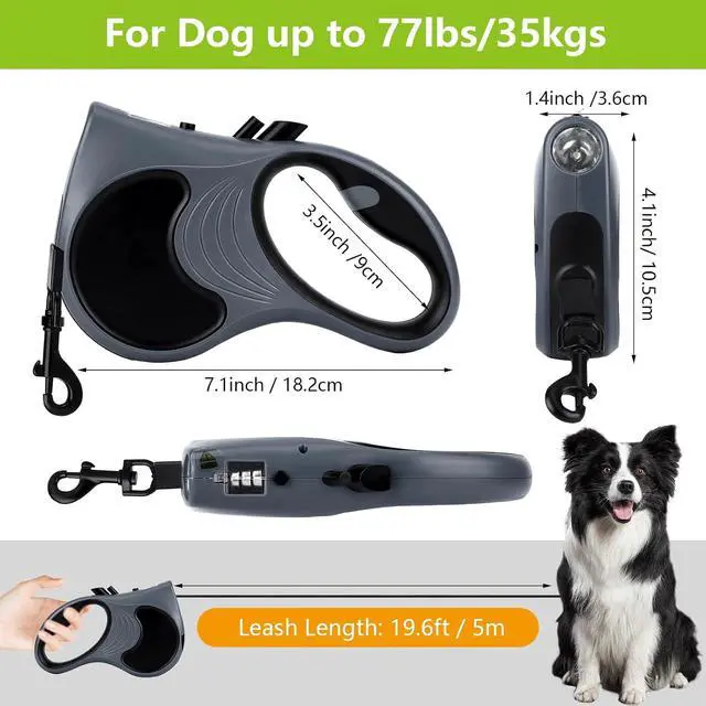 Alt view image 2 of 7 - Retractable Dog Leash with Flashlight, 16ft Dog Walking Leash for Dogs up to 77lbs, 360° Tangle-Free Nylonup Leash, Anti-Slip Handle - Grey