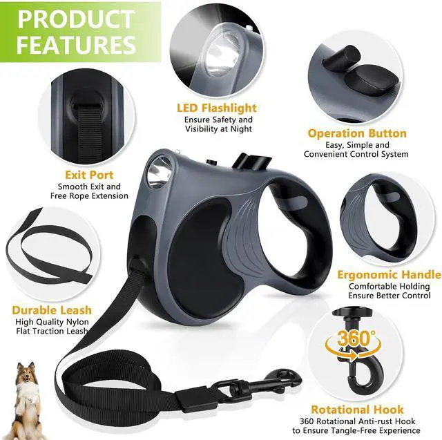 Alt view image 3 of 7 - Retractable Dog Leash with Flashlight, 16ft Dog Walking Leash for Dogs up to 77lbs, 360° Tangle-Free Nylonup Leash, Anti-Slip Handle - Grey