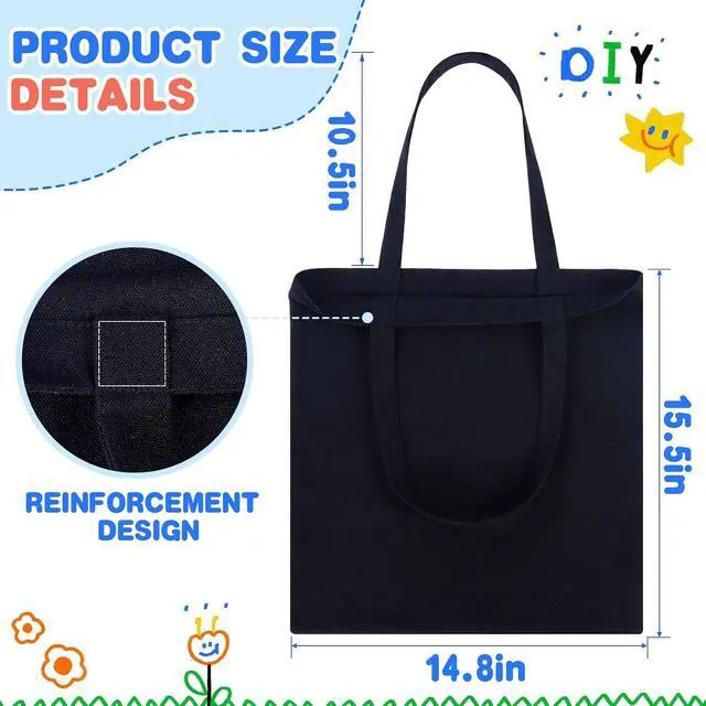 Alt view image 4 of 6 - 2 Pcs Canvas Tote Bags, Natural Color Tote Bags 15 x 16 inch Sustainable Eco Friendly reusable, for Grocery Bags, DIY Gift Bags, Shopping Bags (Black)