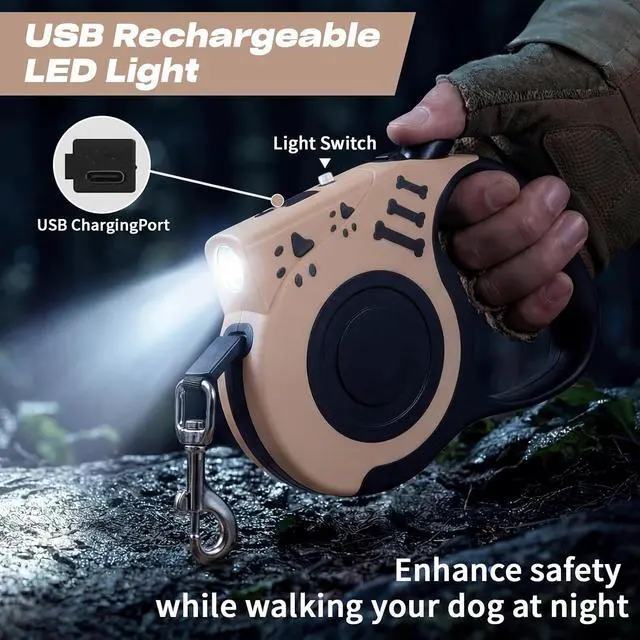 Alt view image 2 of 7 - Retractable Dog Leash with USB Rechargeable Flashlight, Beige | 16FT Automatic Telescopic Tractor Dog Leash, Durable ABS Case and Comfort Grip, Designed for Small Medium Dogs Up to 30lbs
