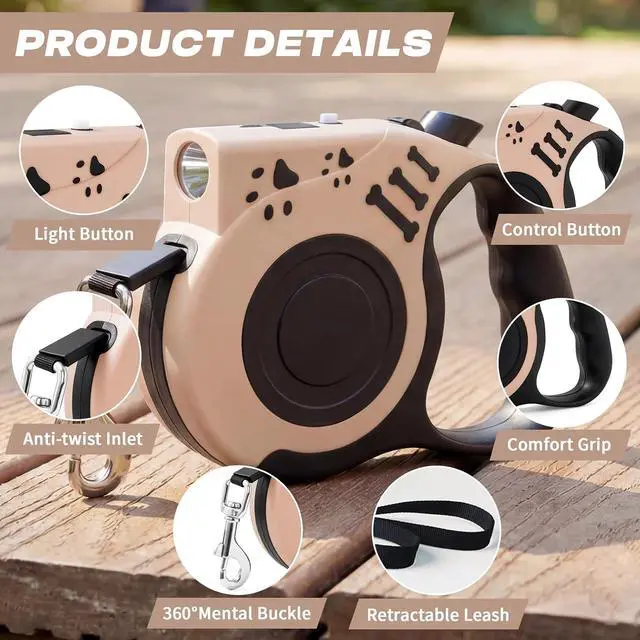 Alt view image 6 of 7 - Retractable Dog Leash with USB Rechargeable Flashlight, Beige | 16FT Automatic Telescopic Tractor Dog Leash, Durable ABS Case and Comfort Grip, Designed for Small Medium Dogs Up to 30lbs