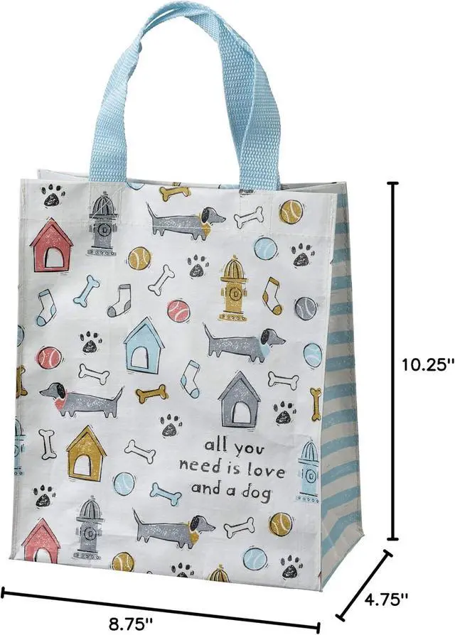 Alt view image 2 of 2 - Primitives by Kathy All You Need Is Love And A Dog Daily Tote Bag, double-sided,All You Need Is Love And A Dog sentiment with all-over dog themed block print design/complementing blue straps