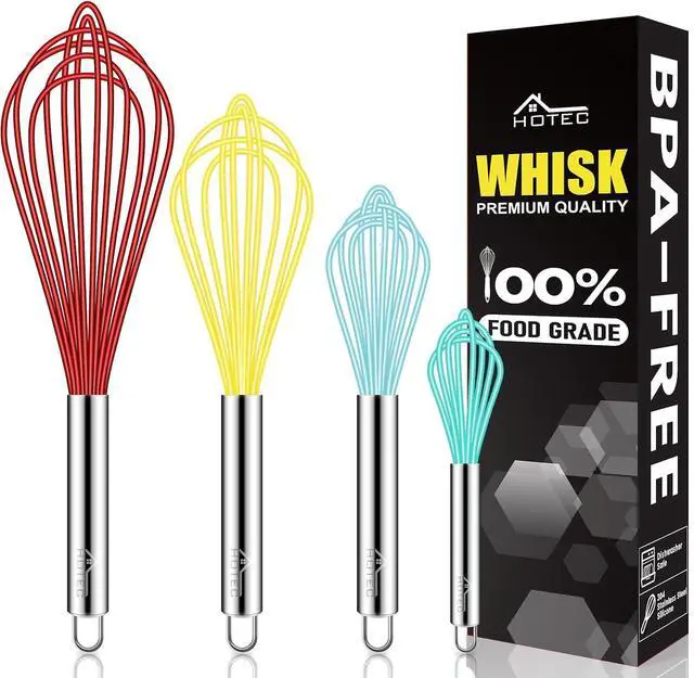 Main image of HOTEC 4 Pieces Silicone Whisks Set, Wire Balloon Whisks for cooking Egg Beater, Non-slip Handle Whisk for Non-stick Cookware Perfect for Cooking, Stirring, Beating and Blending (Multicolor)