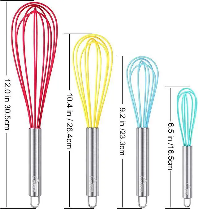 Alt view image 3 of 7 - HOTEC 4 Pieces Silicone Whisks Set, Wire Balloon Whisks for cooking Egg Beater, Non-slip Handle Whisk for Non-stick Cookware Perfect for Cooking, Stirring, Beating and Blending (Multicolor)
