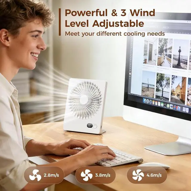 Alt view image 2 of 7 - Zuvas Desk Fan Small Rechargeable Battery Table Fans for travel Ultra Quiet | 180° Tilt Folding, LED Dislay, Portable Fan Slim Design, 3 Speed Adjustable, for Office Bedroom Desktop, Cruise Essentials