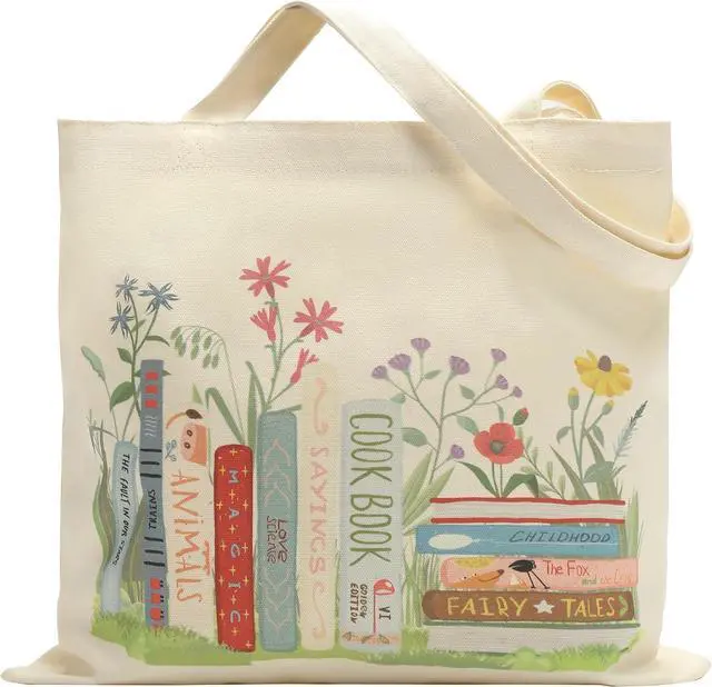 Main image of Qirrmiy Canvas Tote Bag for Women Lady Girls, Reusable Shoulder Tote Bag with Inner Pocket for Gifts, Grocery Shopping Bag, Vacation, Work, Books Design, 1 Pcs
