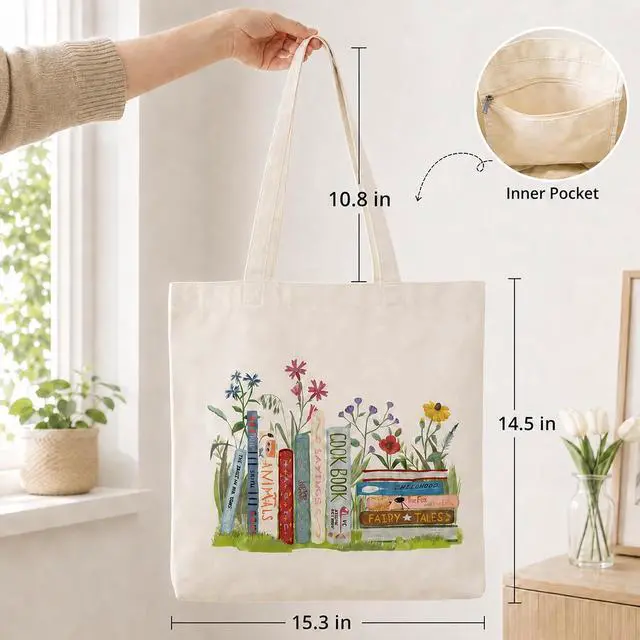 Alt view image 4 of 7 - Qirrmiy Canvas Tote Bag for Women Lady Girls, Reusable Shoulder Tote Bag with Inner Pocket for Gifts, Grocery Shopping Bag, Vacation, Work, Books Design, 1 Pcs