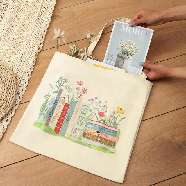 Alt view image 3 of 7 - Qirrmiy Canvas Tote Bag for Women Lady Girls, Reusable Shoulder Tote Bag with Inner Pocket for Gifts, Grocery Shopping Bag, Vacation, Work, Books Design, 1 Pcs