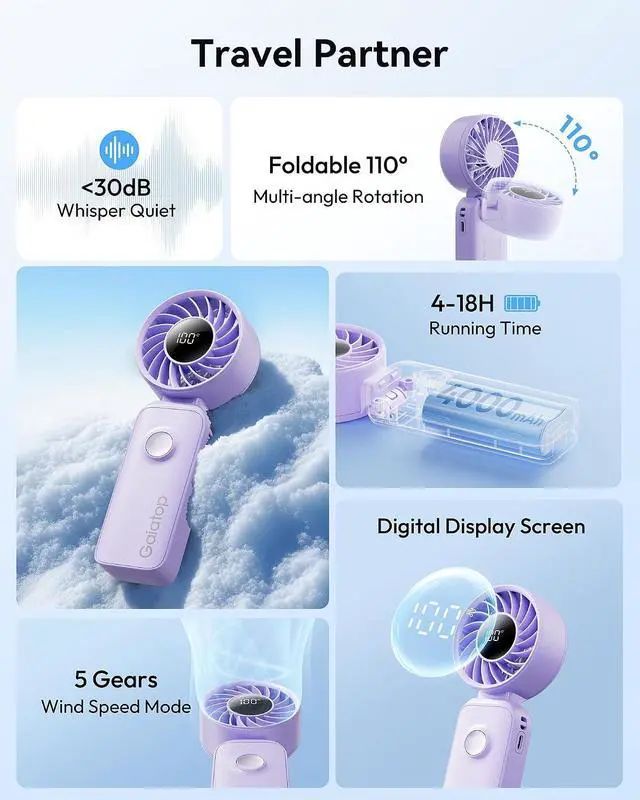 Alt view image 2 of 7 - Gaiatop Portable Handheld Fan, Quiet 3 IN 1 Neck/Desk/Hand Fan | Max 18 Working Hours, 5 Speed Rechargeable Battery, Cooling for Travel, Beach, Women/Men Outdoor Activities Gifts Purple