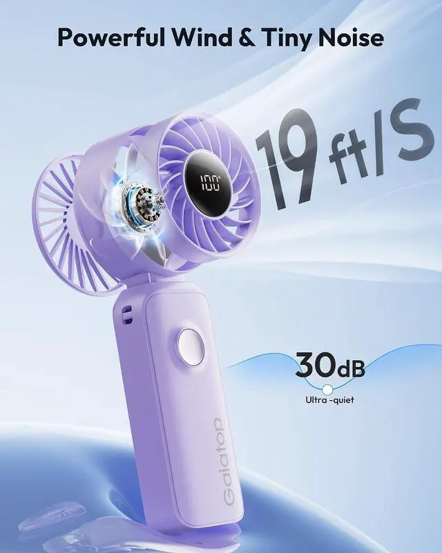 Alt view image 3 of 7 - Gaiatop Portable Handheld Fan, Quiet 3 IN 1 Neck/Desk/Hand Fan | Max 18 Working Hours, 5 Speed Rechargeable Battery, Cooling for Travel, Beach, Women/Men Outdoor Activities Gifts Purple
