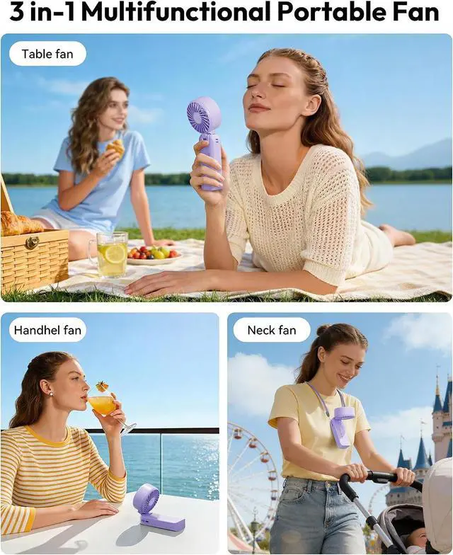 Alt view image 4 of 7 - Gaiatop Portable Handheld Fan, Quiet 3 IN 1 Neck/Desk/Hand Fan | Max 18 Working Hours, 5 Speed Rechargeable Battery, Cooling for Travel, Beach, Women/Men Outdoor Activities Gifts Purple