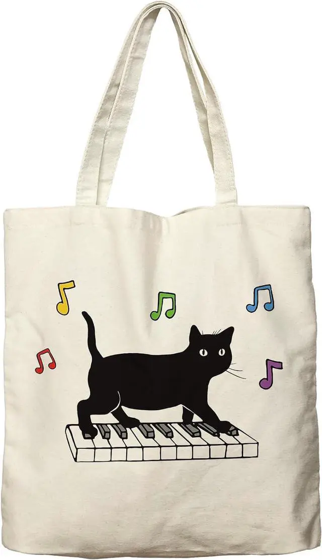 Main image of Dlzdn Black Cat Canvas Tote Bag For Women Aesthetic Funny Cute Cat Playing Piano Tote Bag Shopping Grocery Bag Beach Bag Gifts for Women Teacher Bag Reusable Grocery Bag