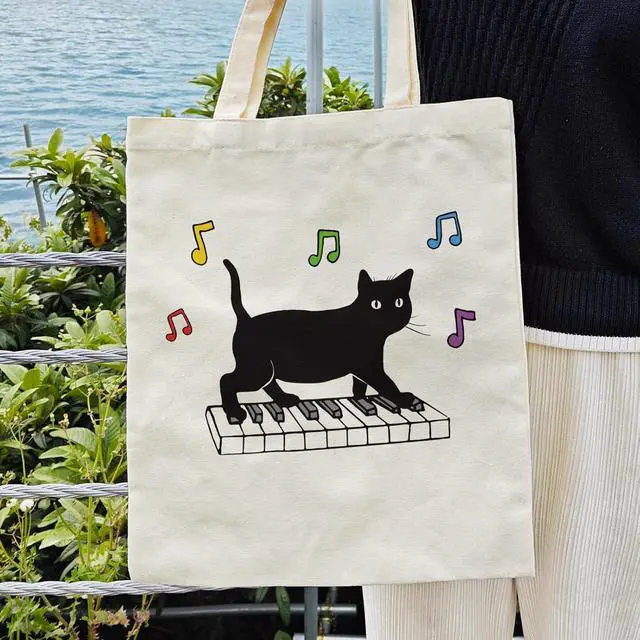 Alt view image 3 of 6 - Dlzdn Black Cat Canvas Tote Bag For Women Aesthetic Funny Cute Cat Playing Piano Tote Bag Shopping Grocery Bag Beach Bag Gifts for Women Teacher Bag Reusable Grocery Bag
