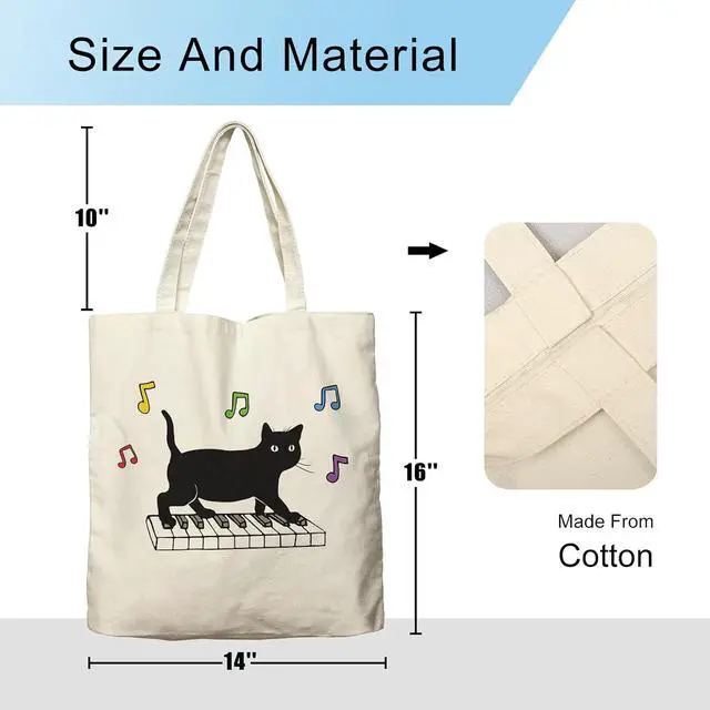 Alt view image 6 of 6 - Dlzdn Black Cat Canvas Tote Bag For Women Aesthetic Funny Cute Cat Playing Piano Tote Bag Shopping Grocery Bag Beach Bag Gifts for Women Teacher Bag Reusable Grocery Bag