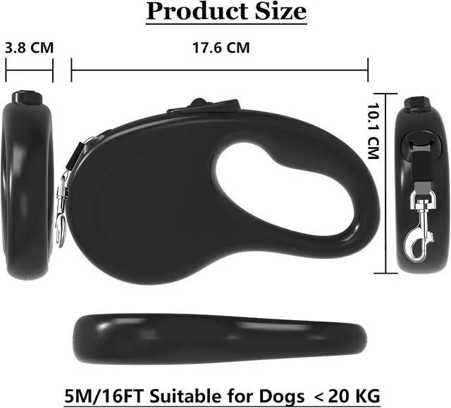 Alt view image 2 of 7 - Retractable Dog Leash for Small Medium Dogs, 16Ft/5M, Black | Light Weight, Up to 50lbs Dog, Strong Nylon Tape, 360° Tangle-Free, One-Hand Brake