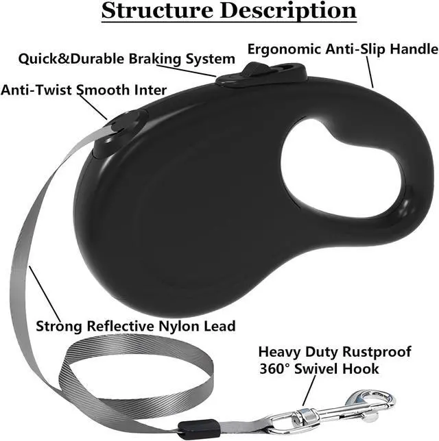 Alt view image 3 of 7 - Retractable Dog Leash for Small Medium Dogs, 16Ft/5M, Black | Light Weight, Up to 50lbs Dog, Strong Nylon Tape, 360° Tangle-Free, One-Hand Brake