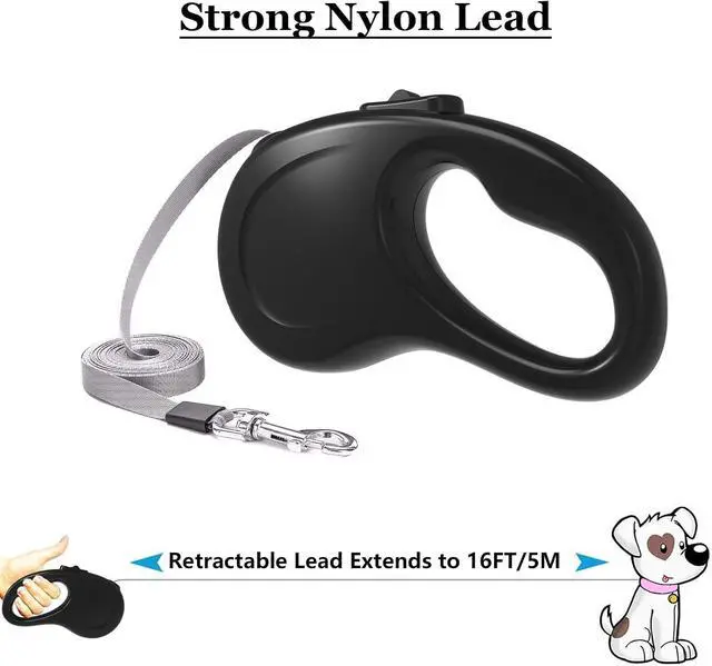 Alt view image 6 of 7 - Retractable Dog Leash for Small Medium Dogs, 16Ft/5M, Black | Light Weight, Up to 50lbs Dog, Strong Nylon Tape, 360° Tangle-Free, One-Hand Brake