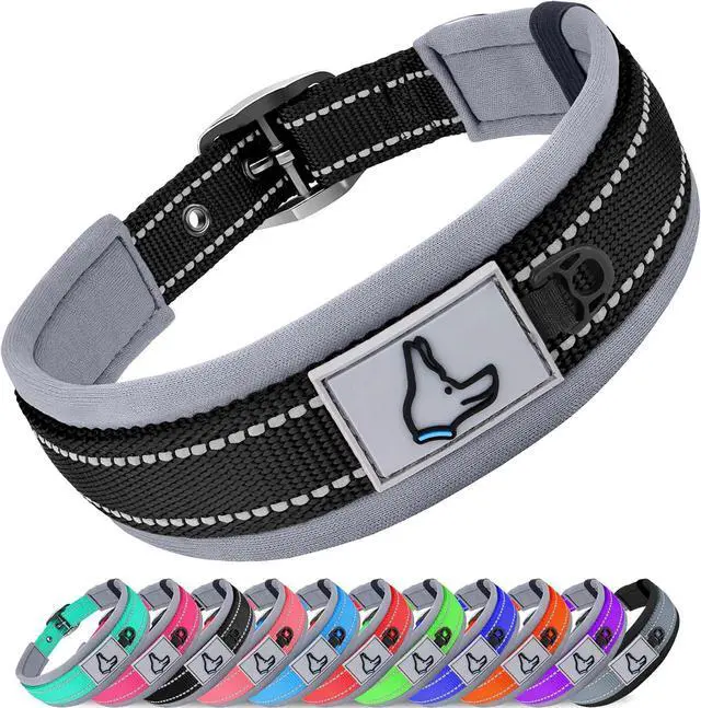 Main image of Joytale Reflective Dog Collar for Small Dogs with Wide Padding, Black | Soft Cushion Reduce Neck Strain, Night Safety Walking, Metal Buckle and Adjustable Eyelets, Separated Dog ID Tag Ring