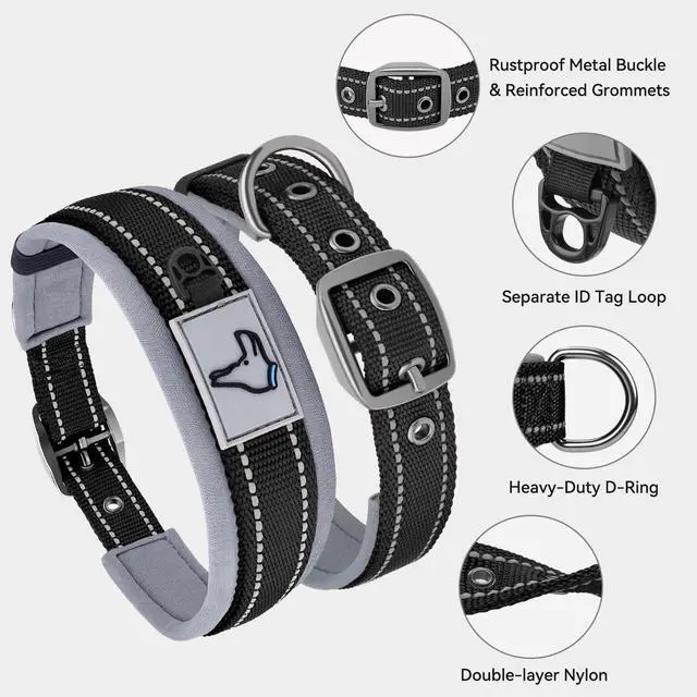 Alt view image 3 of 6 - Joytale Reflective Dog Collar for Small Dogs with Wide Padding, Black | Soft Cushion Reduce Neck Strain, Night Safety Walking, Metal Buckle and Adjustable Eyelets, Separated Dog ID Tag Ring
