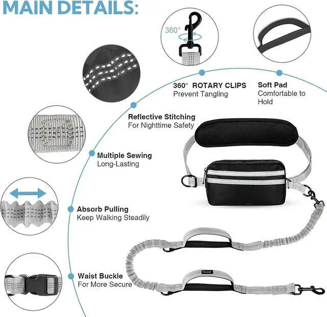 Alt view image 3 of 7 - Hands Free Dog Leash with Pouch, Retractable Bungee with Double Padded Handles, Dog Leashes with Bungee for Medium & Large Puppy
