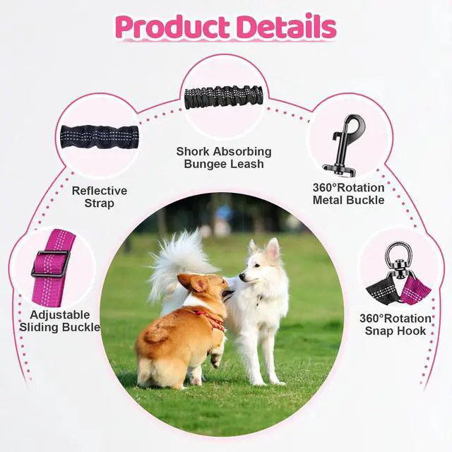 Alt view image 3 of 7 - Double Dog Leash - 360°Swivel Tangle Free Splitter Attachment, 2 Dogs Multi-Functional Leashes, Dual Rope for Outdoor Walk Train Small Medium Large Two Pet, Fuchsia