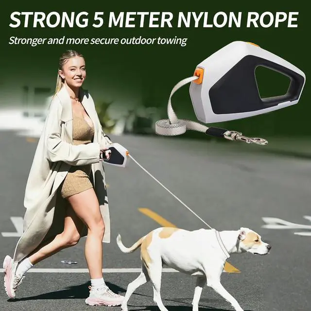 Alt view image 3 of 6 - Vivicreate Heavy Duty Retractable Dog Leash 16ft Strong Nylon Tape Leash for Medium & Large Dogs up to 110 lbs One-Handed Brake, Pause, Lock for Walking, Training (Gray)