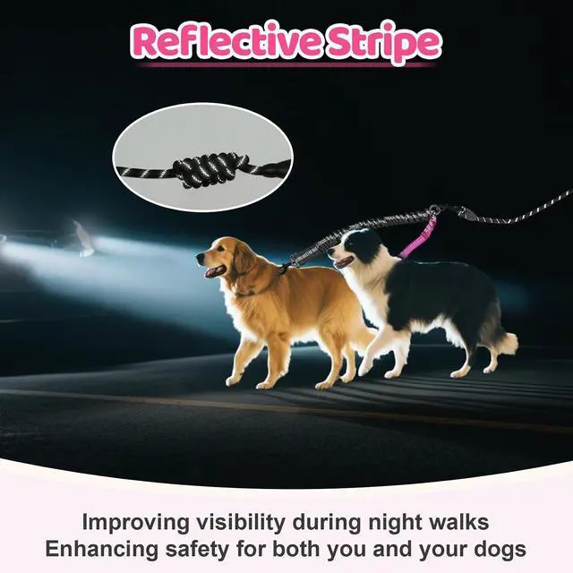 Alt view image 6 of 7 - Double Dog Leash - 360°Swivel Tangle Free Splitter Attachment, 2 Dogs Multi-Functional Leashes, Dual Rope for Outdoor Walk Train Small Medium Large Two Pet, Fuchsia