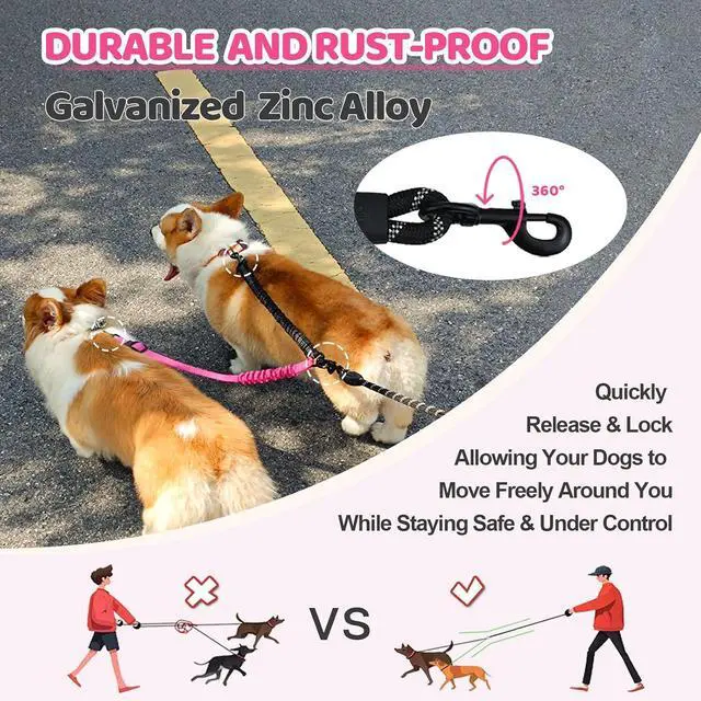 Alt view image 5 of 7 - Double Dog Leash - 360°Swivel Tangle Free Splitter Attachment, 2 Dogs Multi-Functional Leashes, Dual Rope for Outdoor Walk Train Small Medium Large Two Pet, Fuchsia
