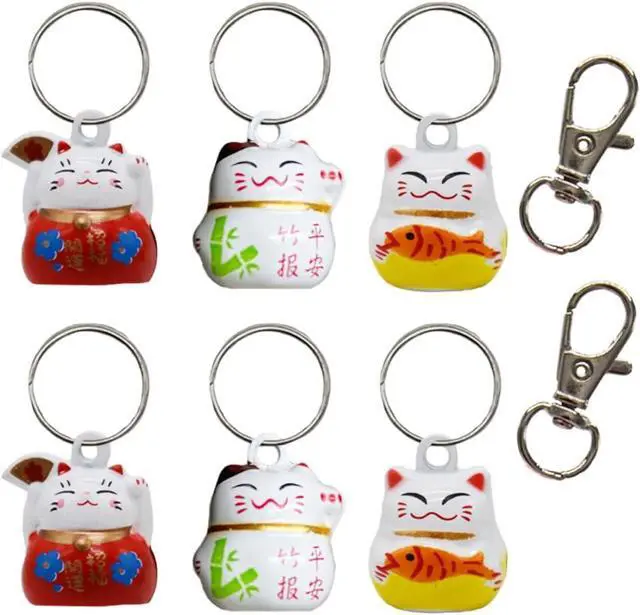 Main image of 6 Pack Lucky Cat Collar Bells Loud Dog Collar Bells for Potty Training Necklace Pendant with Free Clips Key Rings White Red and Yellow