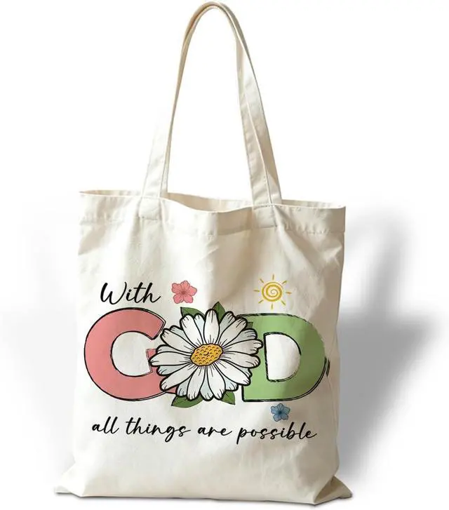 Main image of Christian Tote Bag for Women, With God All Things Are Possible Canvas Shoulder Bag, Religious Gifts for Women, Faith Reusable Shopping Carryall, Bible Verse Flower Gift