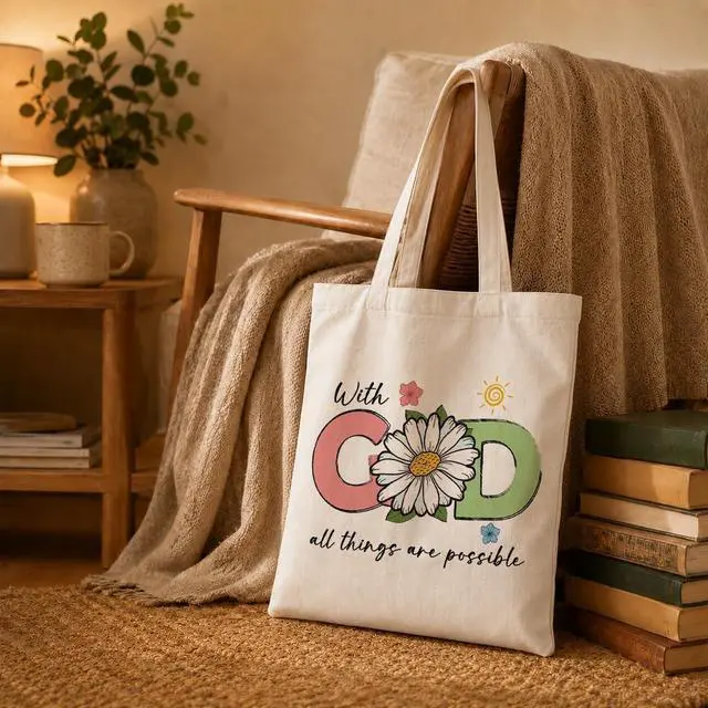 Alt view image 3 of 6 - Christian Tote Bag for Women, With God All Things Are Possible Canvas Shoulder Bag, Religious Gifts for Women, Faith Reusable Shopping Carryall, Bible Verse Flower Gift