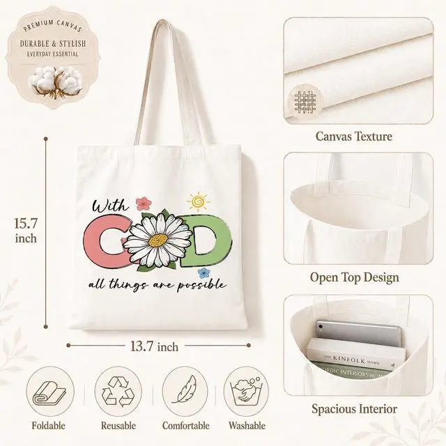 Alt view image 4 of 6 - Christian Tote Bag for Women, With God All Things Are Possible Canvas Shoulder Bag, Religious Gifts for Women, Faith Reusable Shopping Carryall, Bible Verse Flower Gift