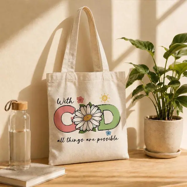 Alt view image 6 of 6 - Christian Tote Bag for Women, With God All Things Are Possible Canvas Shoulder Bag, Religious Gifts for Women, Faith Reusable Shopping Carryall, Bible Verse Flower Gift