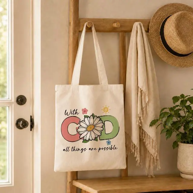 Alt view image 5 of 6 - Christian Tote Bag for Women, With God All Things Are Possible Canvas Shoulder Bag, Religious Gifts for Women, Faith Reusable Shopping Carryall, Bible Verse Flower Gift