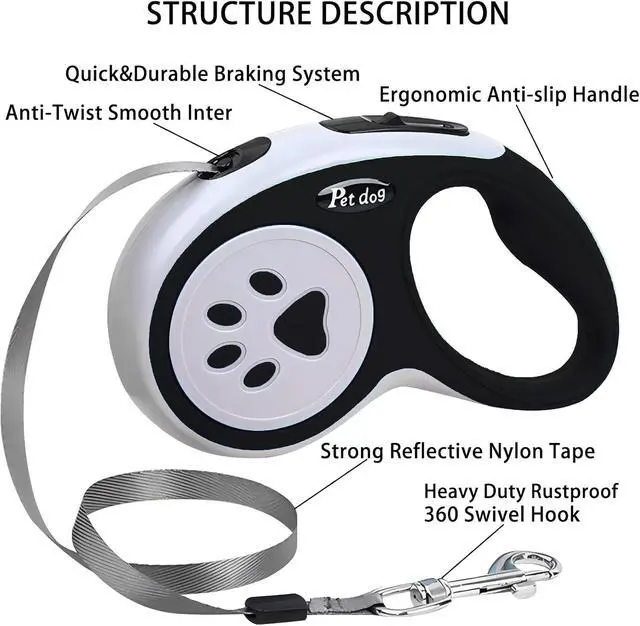 Alt view image 2 of 7 - 5M/16FT Retractable Dog Leash for Small Medium Dog, Black | Strong Nylon Tape, 360 Tangle-Free, One-Handed Brake, Pause, Lock, Fit for Dog Under 15 kg/33 lbs, Exquisite Package
