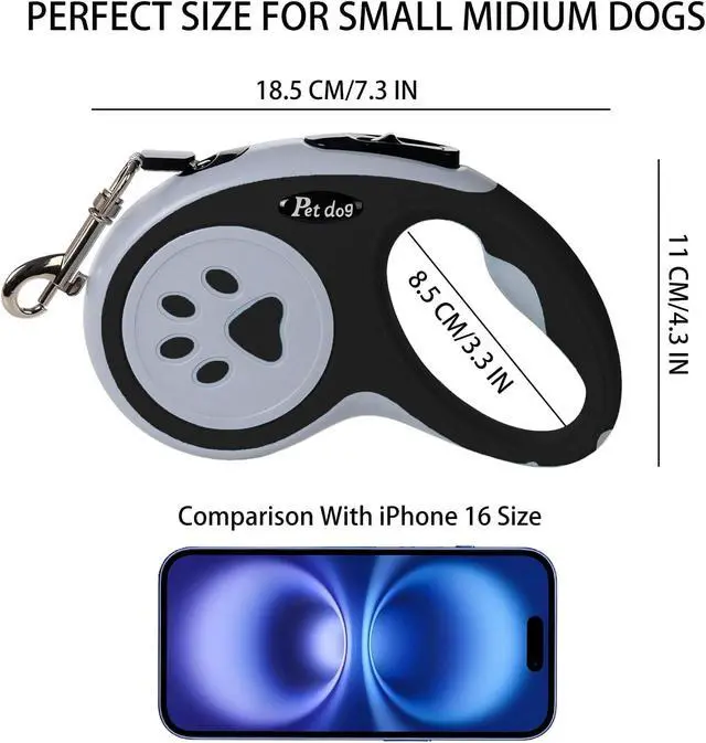 Alt view image 3 of 7 - 5M/16FT Retractable Dog Leash for Small Medium Dog, Black | Strong Nylon Tape, 360 Tangle-Free, One-Handed Brake, Pause, Lock, Fit for Dog Under 15 kg/33 lbs, Exquisite Package