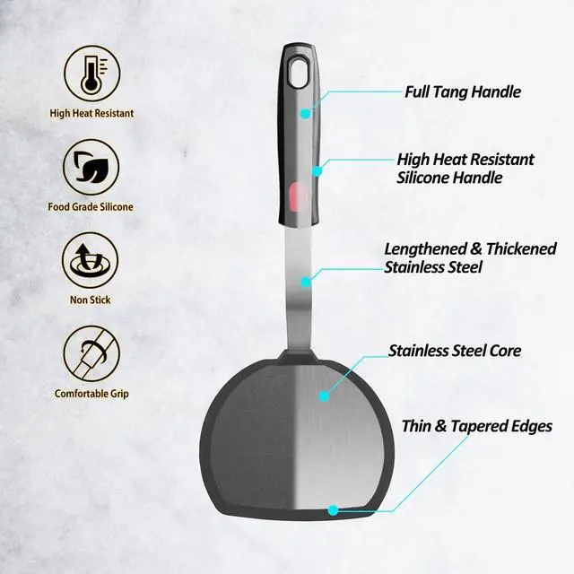 Alt view image 2 of 7 - Silicone Pancake Spatula Turner with Lengthened Handle, Heat Resistant Cooking Spatulas for Nonstick Cookware, Large Flexible Kitchen Utensils BPA Free Rubber Flipper for Egg, Pancake, Fish, Burger