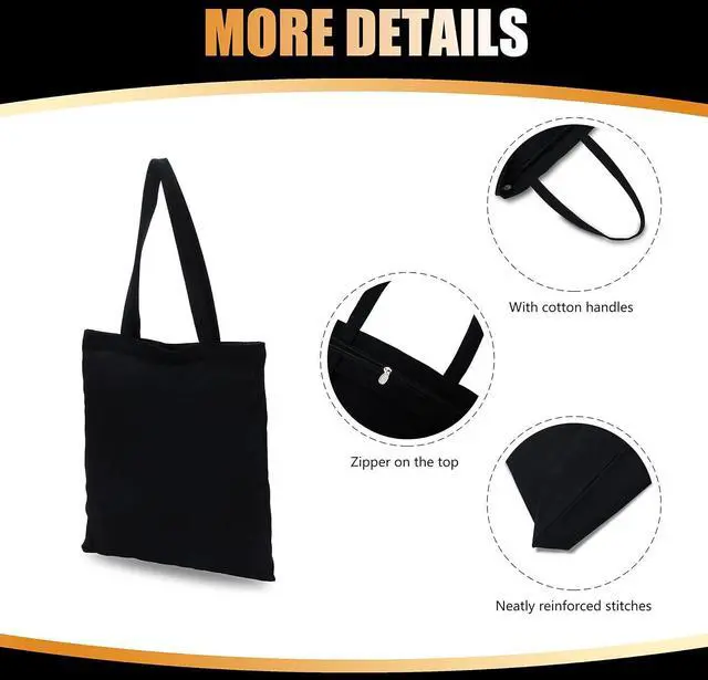 Alt view image 5 of 7 - Canvas Zipper Tote Bag, 14"x16", Black, Plain, Zippered, Bulk