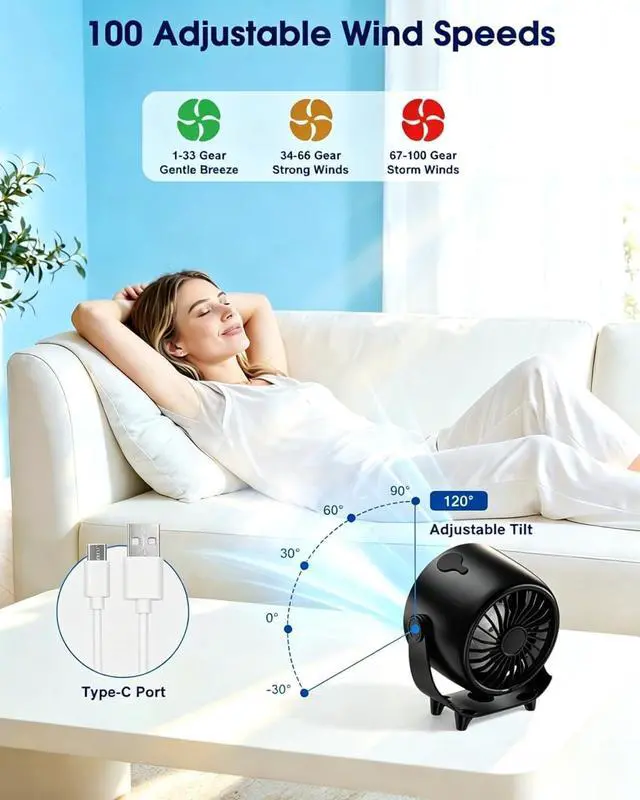 Alt view image 3 of 7 - Small Desk Fan, 4000mAh Portable Misting Quiet Table Fan with LED Display | Wall-Mouted Design USB Rechargeable Desk Fans for Office Bedroom Home Travel Outdoor Black