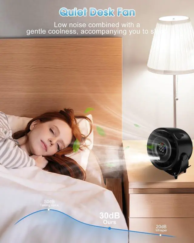 Alt view image 4 of 7 - Small Desk Fan, 4000mAh Portable Misting Quiet Table Fan with LED Display | Wall-Mouted Design USB Rechargeable Desk Fans for Office Bedroom Home Travel Outdoor Black